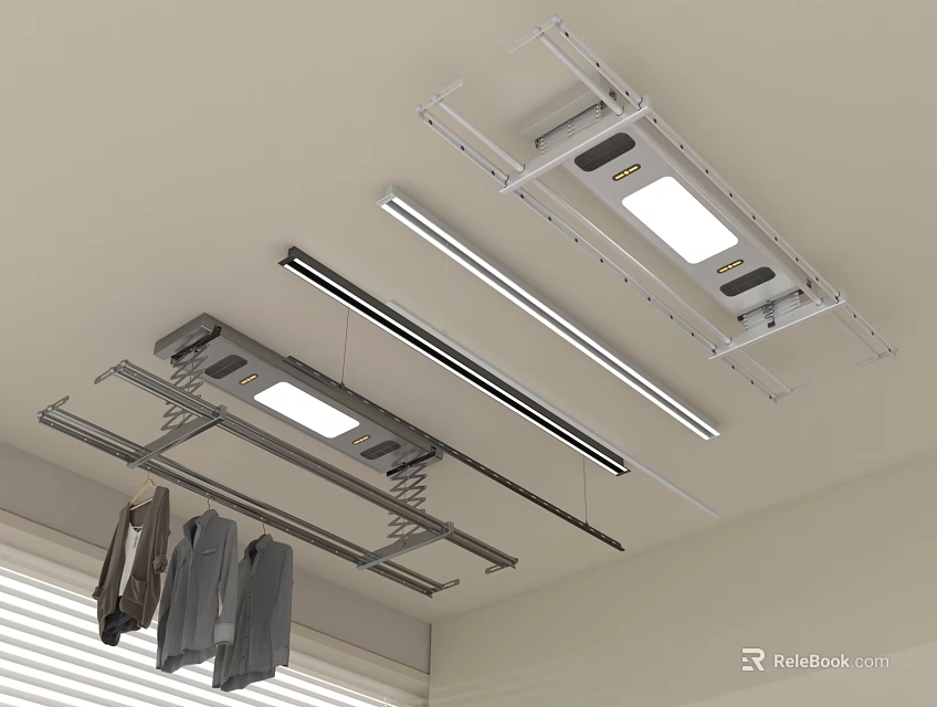 Ceiling Mounted Clothes Drying Rack With Metal Bars And Hanging Clothes 3d model 