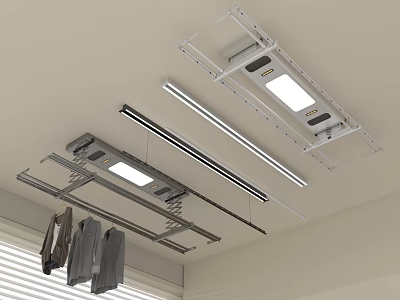 Ceiling Mounted Clothes Drying Rack With Metal Bars And Hanging Clothes 3d model