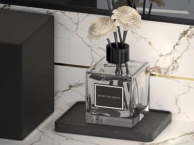 Elegant Glass Perfume Bottle With Black Cap And White Roses On Marble Tray 3d model