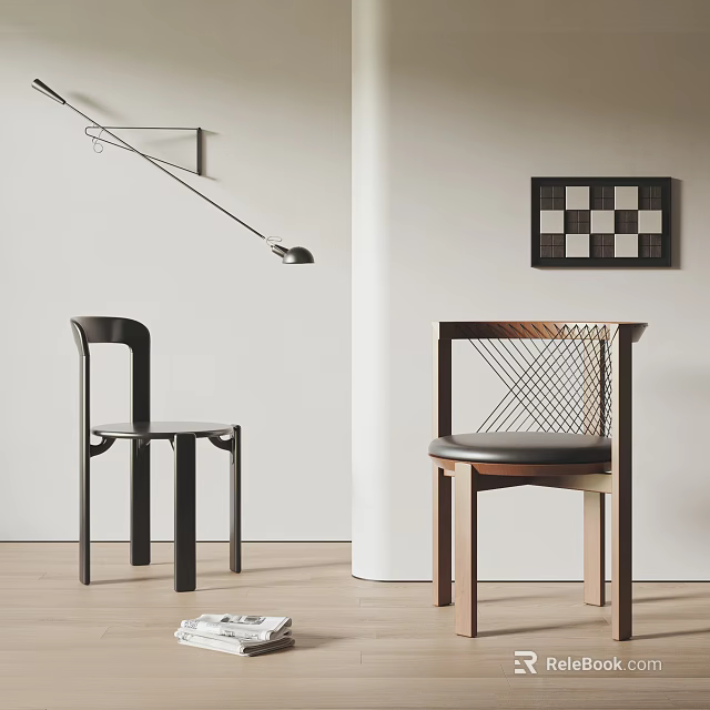 Stylish Wooden Chairs With Woven Backrest In Modern Interior With Wall Art And Floor Lamp 3d model 