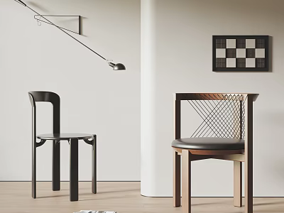 Stylish Wooden Chairs With Woven Backrest In Modern Interior With Wall Art And Floor Lamp 3d model