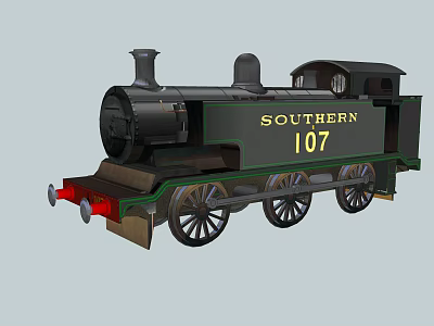 Vintage Southern 107 Steam Train With Classic Black Green Exterior Metal Wheels And Chimney 3d model