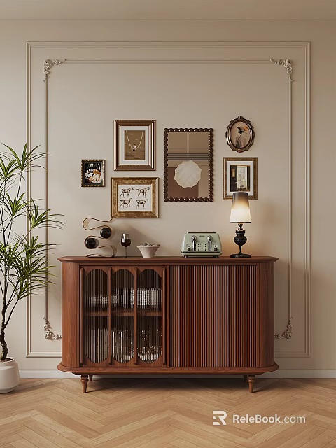 Wooden Sideboard With Table Lamp Radio Decor And Potted Plant Against Wall With Frames 3d model 