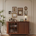 Wooden Sideboard With Table Lamp Radio Decor And Potted Plant Against Wall With Frames