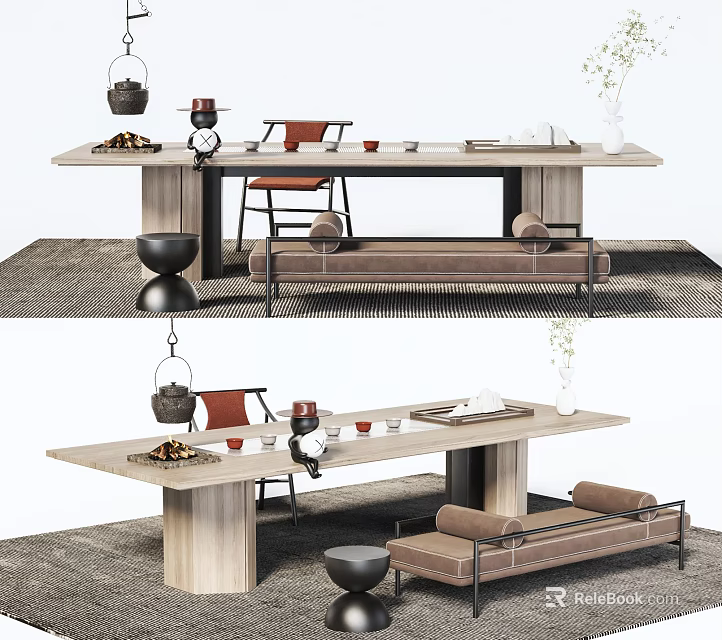 Modern Tea Table And Chairs Set With Tea Sets Decorative Vases And Cushioned Seats 3d model