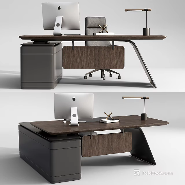 Modern Minimalist Office Desk With Wooden Top Computer Monitor Desk Lamp and Drawer Cabinet 3d model 