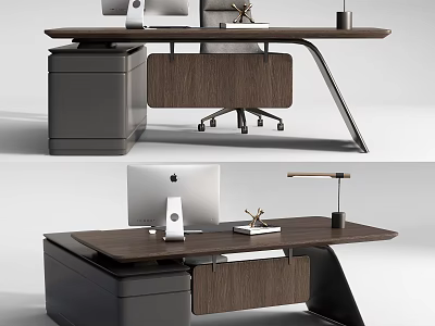 Modern Minimalist Office Desk With Wooden Top Computer Monitor Desk Lamp and Drawer Cabinet 3d model
