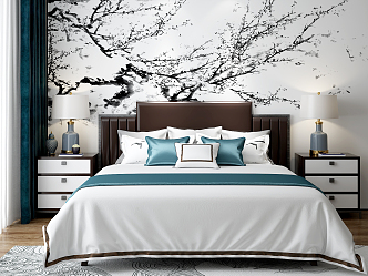 New Chinese background double bed plum blossom background 3d model