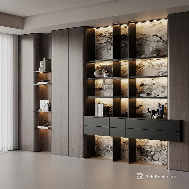 Modern Bookshelf With Wooden Design Built in Lighting Storage Shelves And Decorative Items 3d model 