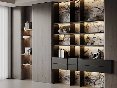 Modern Bookshelf With Wooden Design Built in Lighting Storage Shelves And Decorative Items 3d model