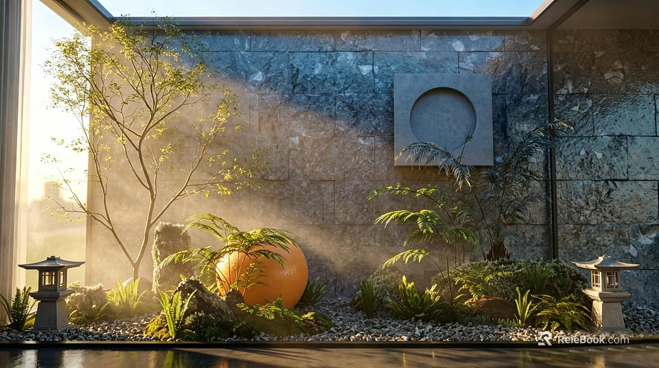 Karesansui Japanese Rock Garden With Stone Wall Circular Window Orange Sphere Green Plants And Gravel 3d model 