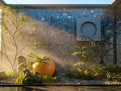 Karesansui Japanese Rock Garden With Stone Wall Circular Window Orange Sphere Green Plants And Gravel 3d model