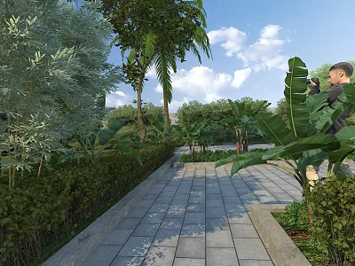Scenic Garden Landscape Featuring Stone Path Plentiful Plants and Person Taking Photos Under Blue Sky 3d model