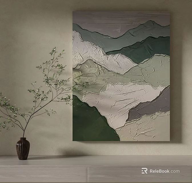 Abstract Textured Mountain Painting With Ceramic Vase And Green Branch On Beige Wall 3d model 