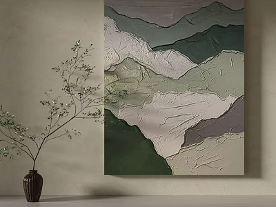 Abstract Textured Mountain Painting With Ceramic Vase And Green Branch On Beige Wall 3d model