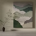 Abstract Textured Mountain Painting With Ceramic Vase And Green Branch On Beige Wall