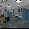 Medical Examination Room Interior With Blue Dividers Desk Chairs Ceiling Lights And Tiled Floor