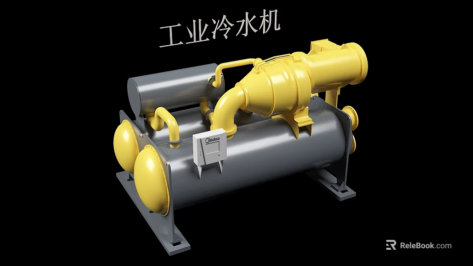 Industrial Chiller With Yellow Components Gray Storage Tank Pipes And Control Panel 3d model 