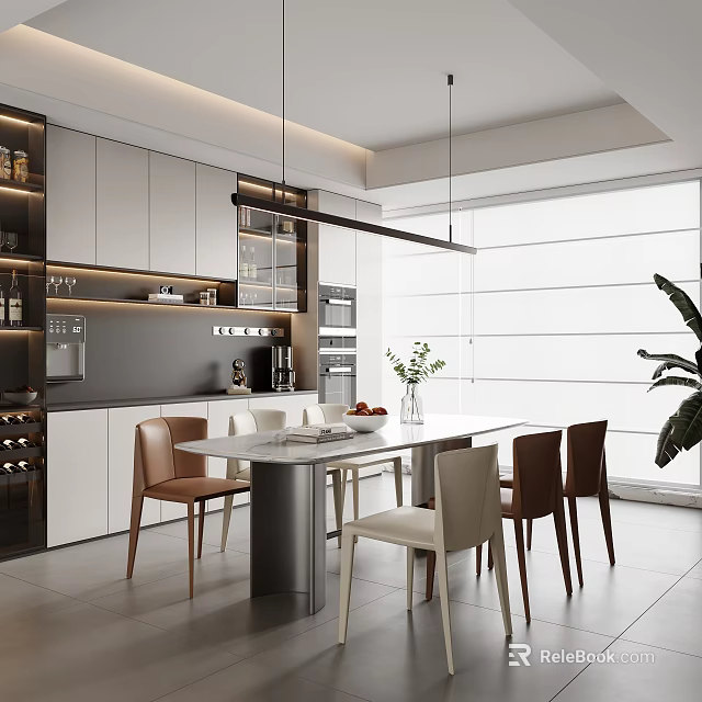 Modern Restaurant Interior With Open Kitchen Dining Table Chairs Pendant Lights And Plants 3d model 