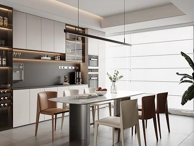Modern Restaurant Interior With Open Kitchen Dining Table Chairs Pendant Lights And Plants 3d model