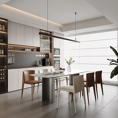 Modern Restaurant Interior With Open Kitchen Dining Table Chairs Pendant Lights And Plants 3d model