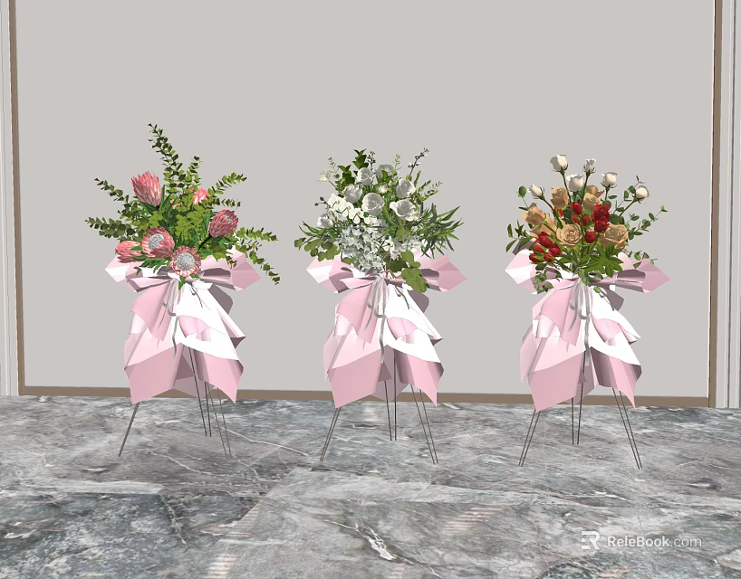 Three Floral Vases with Pink Decorative Bows and Various Flowers on Metal Stands 3d model 