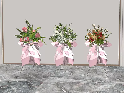 Three Floral Vases with Pink Decorative Bows and Various Flowers on Metal Stands 3d model