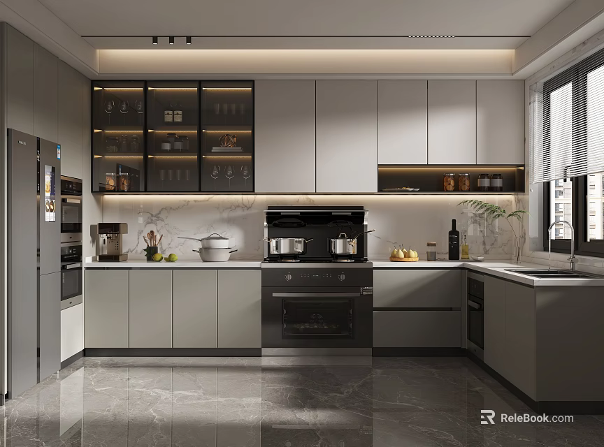 Modern Kitchen Interior Design With Gray Cabinets Glass Door Upper And Marble Countertop Built-in Appliances 3d model 
