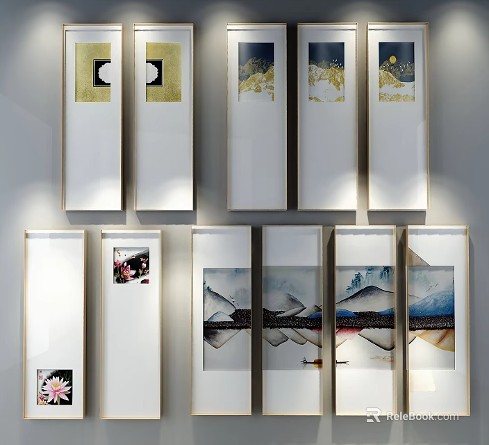 Chinese Style Landscape Paintings With Mountain Water Lotus And Golden Accents On White Wall 3d model 