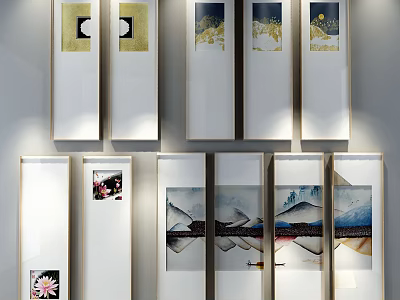 Chinese Style Landscape Paintings With Mountain Water Lotus And Golden Accents On White Wall 3d model