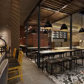 Industrial Style Hotpot Restaurant Interior With Brick Wall Wooden Tables And Vintage Posters