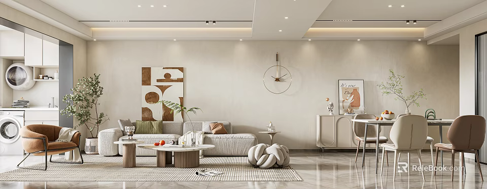 Modern Living and Dining Room Interior With Light-colored Walls Sofa Coffee Table And Wall Art 3d model 