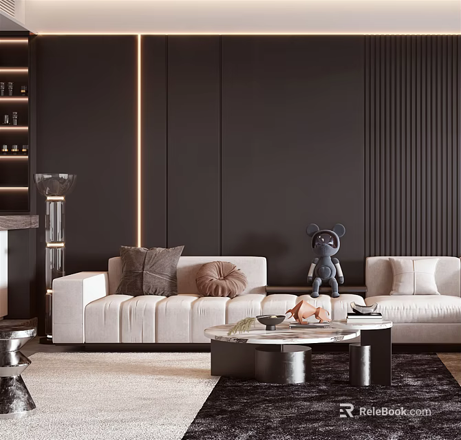 Modern Living Room Interior With Dark Striped Walls Beige Sofas And Coffee Table 3d model 