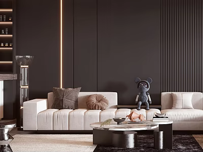 Modern Living Room Interior With Dark Striped Walls Beige Sofas And Coffee Table 3d model