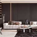 Modern Living Room Interior With Dark Striped Walls Beige Sofas And Coffee Table
