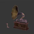 Vintage Phonograph Electronic Appliance With Golden Horn And Wooden Base Accessory