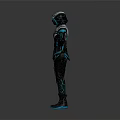 Futuristic Armored Sci Fi Character Wearing Blue And White Cybernetic Armor With Masked Helmet Design