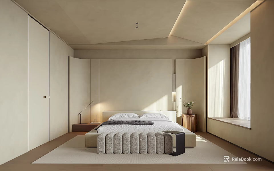 Minimalist Bedroom Interior With Large Bed Recessed Lighting Floor to Ceiling Window and Area Rug 3d model 