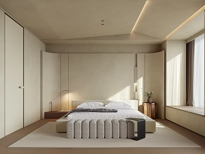 Minimalist Bedroom Interior With Large Bed Recessed Lighting Floor to Ceiling Window and Area Rug 3d model