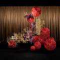 Elegant Floral Installation With Red Spherical Blooms Golden Frames And Woman In White Gown