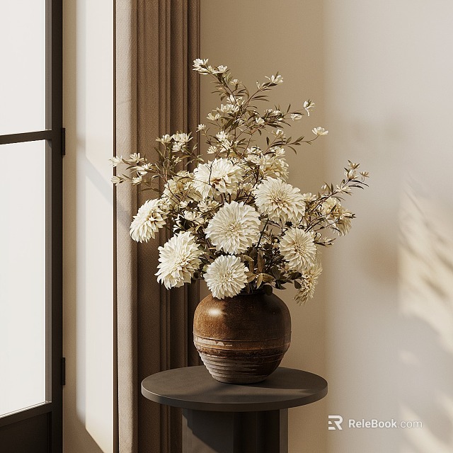 Elegant Floral Display With White Flowers In Brown Ceramic Vase By Window 3d model 