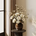 Elegant Floral Display With White Flowers In Brown Ceramic Vase By Window