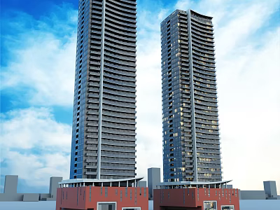 Twin Modern High Rise Office Buildings with Red Base and Glass Facade Against Blue Sky 3d model
