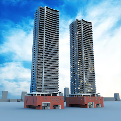 Twin Modern High Rise Office Buildings with Red Base and Glass Facade Against Blue Sky 3d model