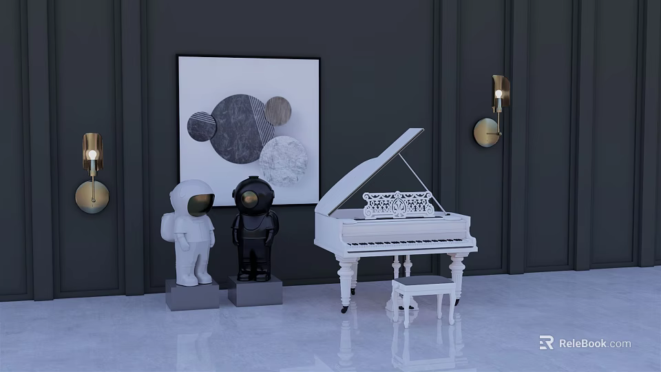 Modern Room With White Piano And Wall Artwork For Musical Instruments And Art Supplies 3d model 