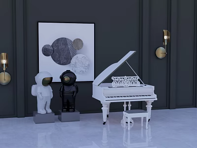 Modern Room With White Piano And Wall Artwork For Musical Instruments And Art Supplies 3d model