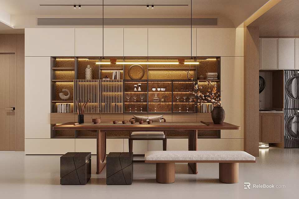 Elegant Modern Tea Room Interior With Wooden Table Bench And Shelves Displaying Tea Sets Books 3d model 