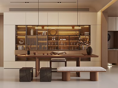 Elegant Modern Tea Room Interior With Wooden Table Bench And Shelves Displaying Tea Sets Books 3d model