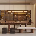 Elegant Modern Tea Room Interior With Wooden Table Bench And Shelves Displaying Tea Sets Books