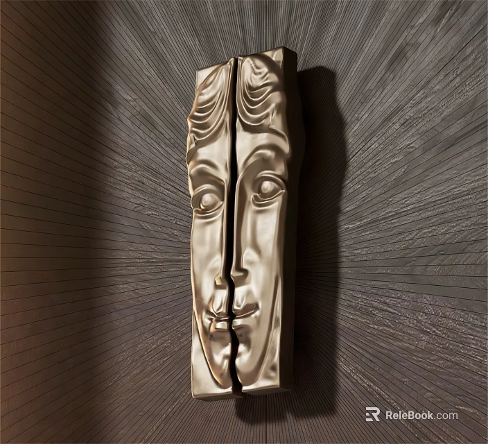 Artistic Metal Handle with Intricate Facial Carving Design Mounted on Dark Textured Wall 3d model 